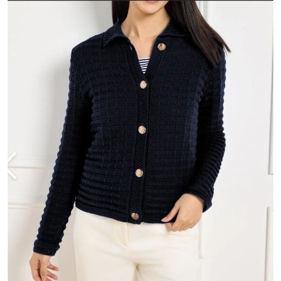 Talbots Textured Polo Cardigan Womens XL Navy Blue Knit Old Money Gold Button - Picture 1 of 7